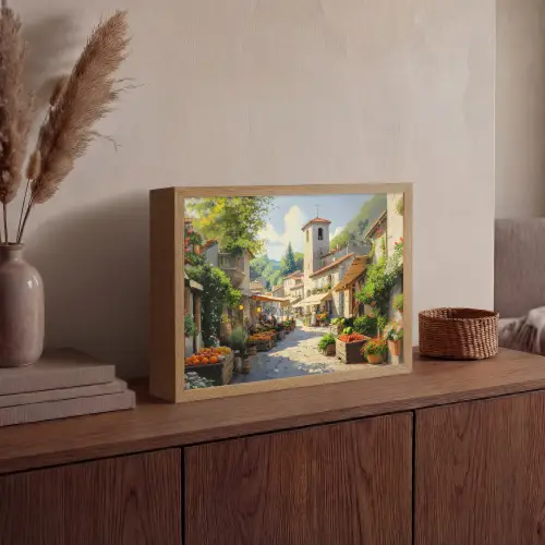 Dorp - Zon - Kraampjes - Huizen Light Box met batterij (Wandlamp) middel -sfeer2