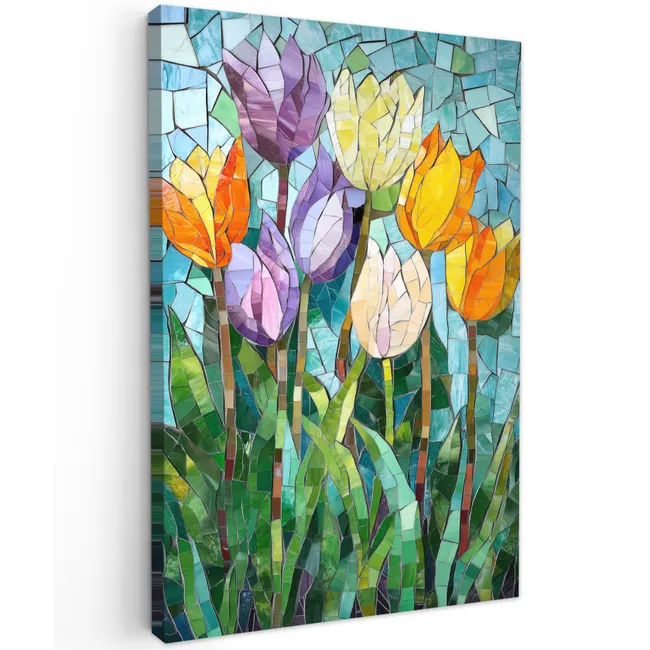 Mozaïek - Veld - Tulpen - Kleurrijk Tuinposter op houten frame 2 cm dik klein -3d