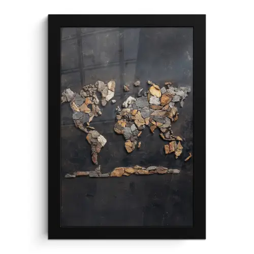 Wereldkaart - Stenen - Realistisch fotolijst zwart zonder passe partout klein -3d