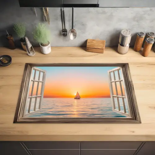Doorkijk - Zee - Boot - Zonsondergang Inductie beschermer vinyl 3mm klein -sfeer5