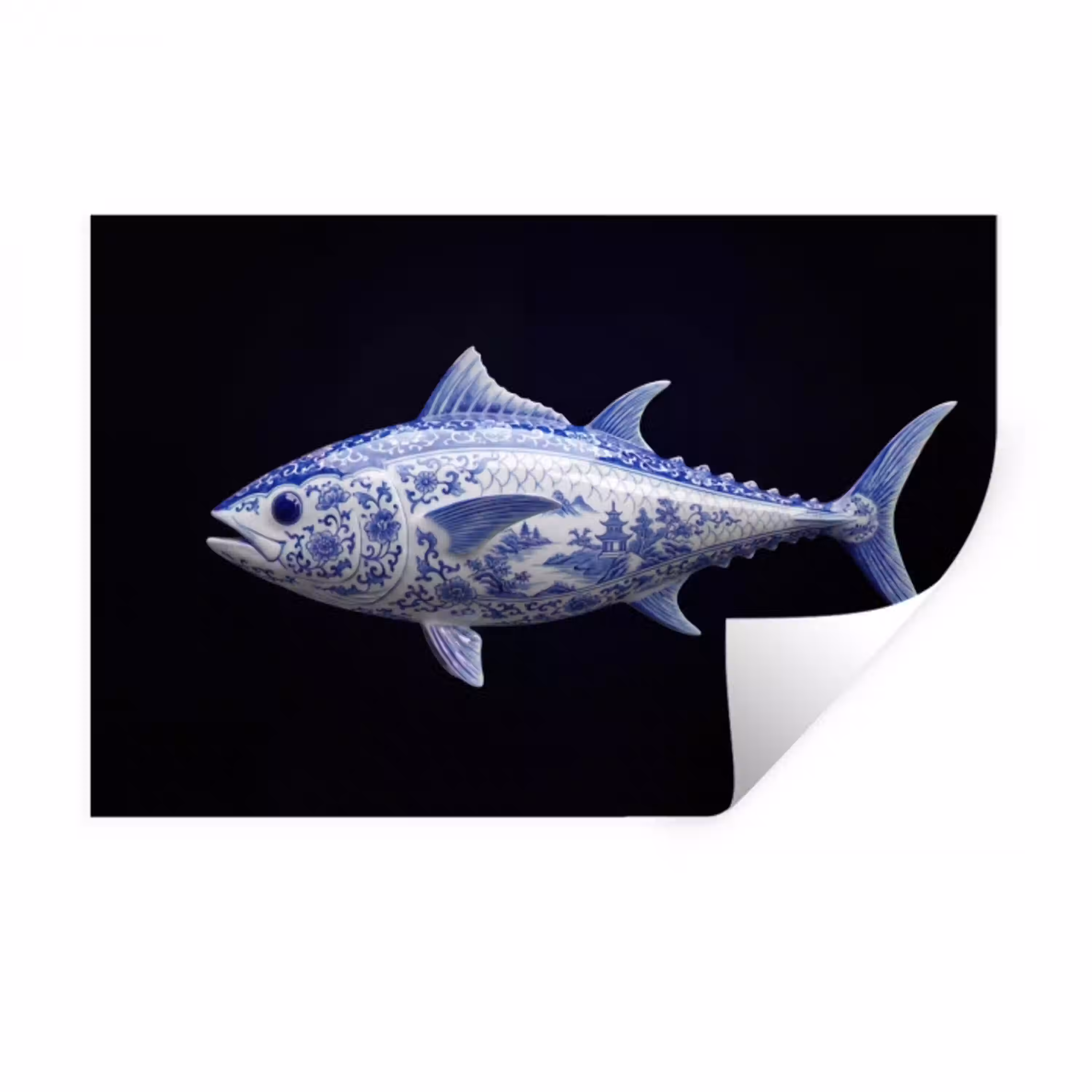 Porselein - Tonijn - Delfts - Blauw Muursticker klein -3d