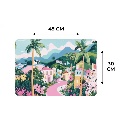 Kleurrijk - Huizen - Heuvels - Roze Placemat vinyl groot -specs