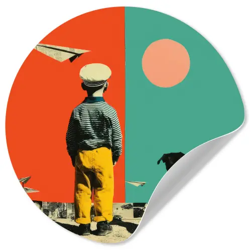 Retro - Jongen - Hond - Rood - Groen Wandcirkel behangsticker klein -3d