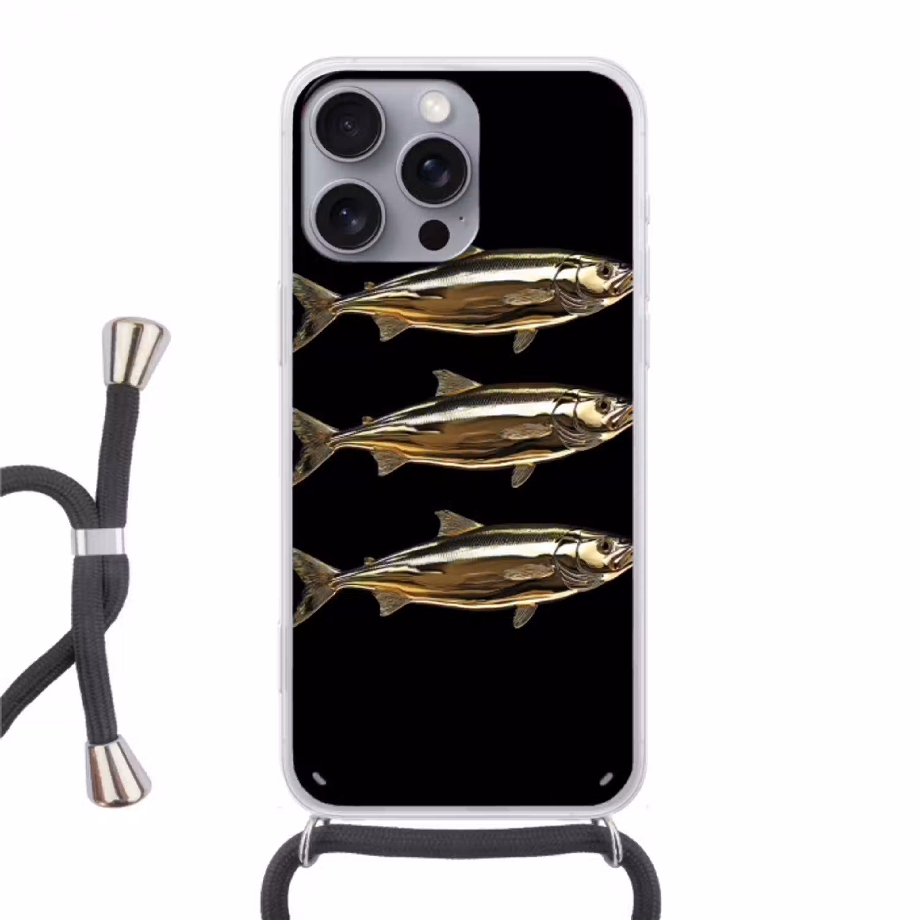 Vissen - Goud - Zwart Hoesje iPhone 16 Pro Max met koord klein -3d