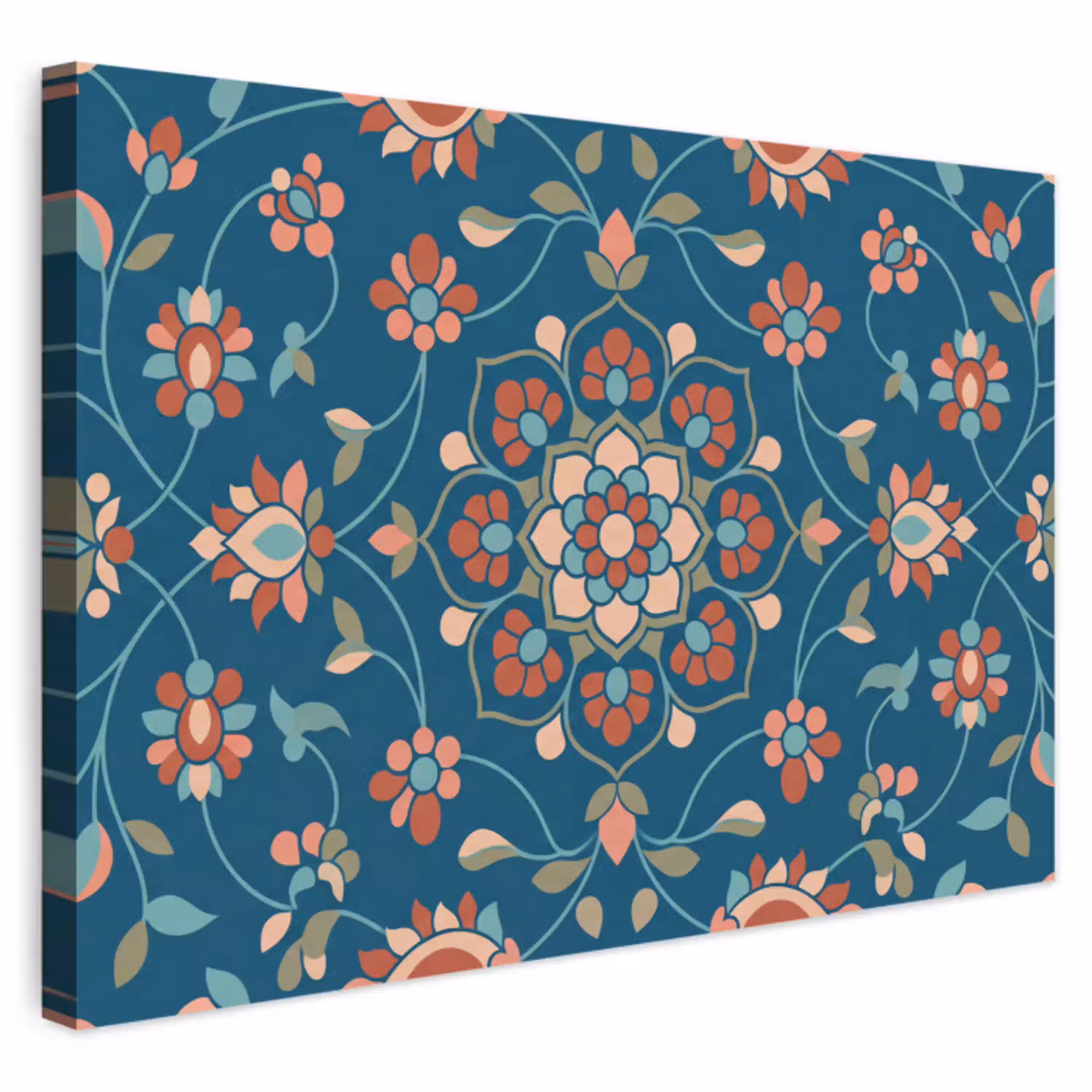 Bloemen - Patroon - Natuur - Ornament - Blauw Tuinposter op houten frame 2 cm dik klein -3d