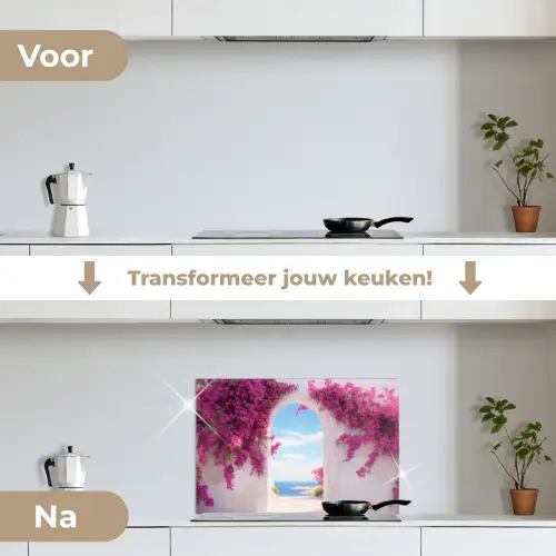 Zee - Roze - Bloemen - Poort keuken achterwand spatscherm klein -voor_na_NL