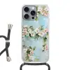 Bloesem - Bladeren - Lichtblauw Hoesje iPhone 16 Pro Max met koord klein -3d