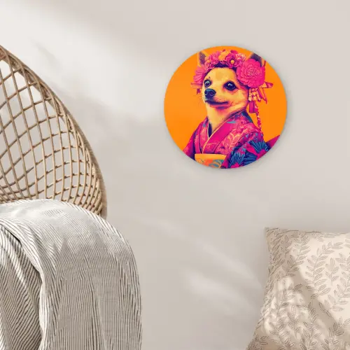 Kimono - Hondje - Bloemenkroon - Oranje Wandcirkel plexiglas klein -sfeer5