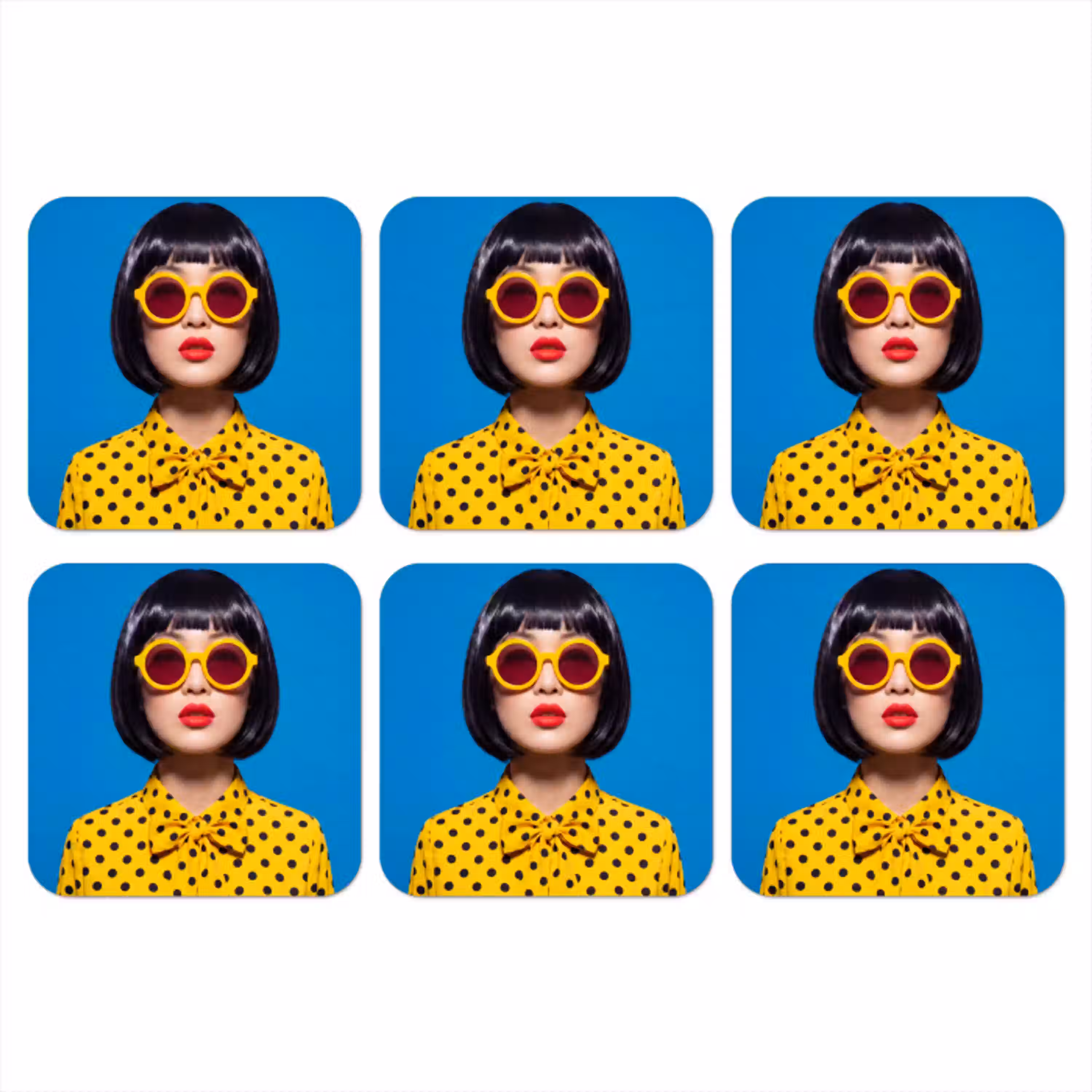 Vrouw - Zonnebril - Pop Art - Portret - Geel onderzetter kurk middel -3d