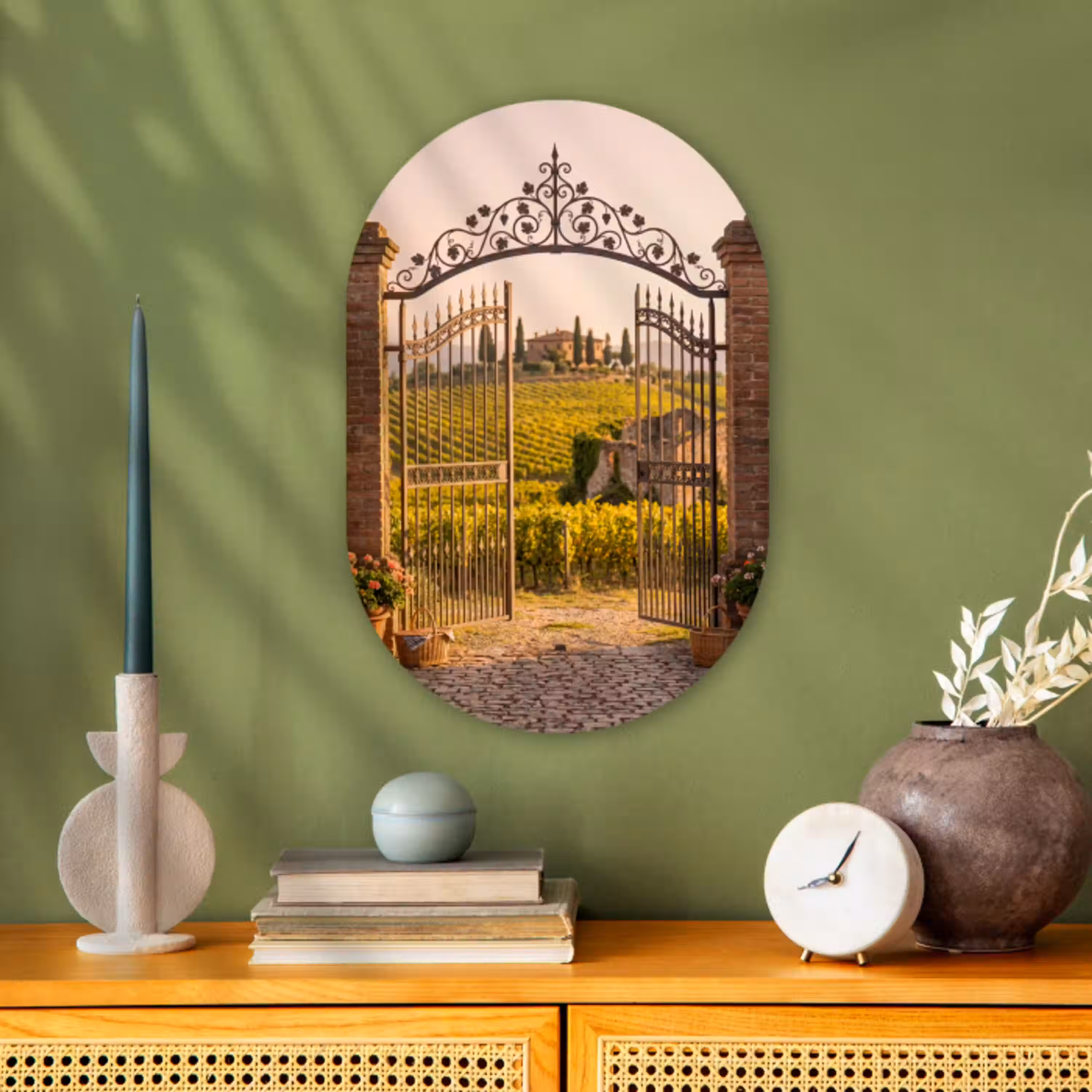 Poort - Landschap - Platteland - Zonlicht - Warm Wandcirkel Ovaal Forex klein -sfeer2