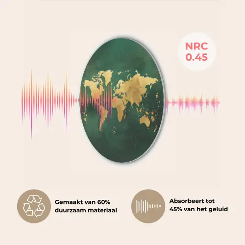 Wereldkaart - Groen - Goud Akoestische PET Vilt - Rond klein -USP_NL