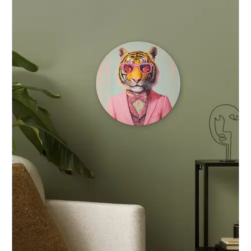 Tijger - Strik - Jasje - Roze Wandcirkel plexiglas klein -sfeer3
