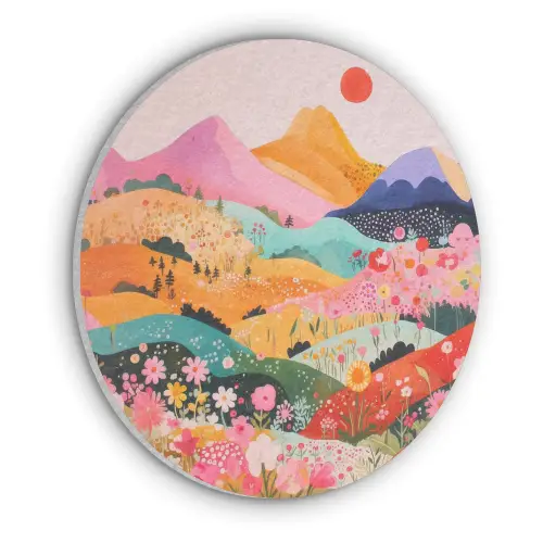 Kleurrijke bloemen - Bergen - Fantasielandschap Akoestische PET Vilt - Rond klein -3d