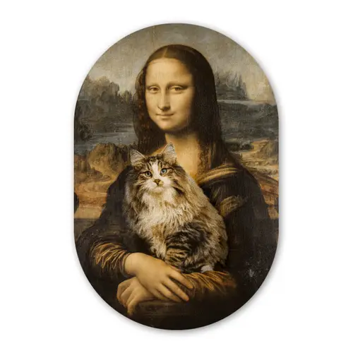 Mona Lisa - Kat - Leonardo da Vinci - Vintage - Kunstwerk - Oude meesters - Schilderij Wandcirkel Ovaal Forex klein -3d