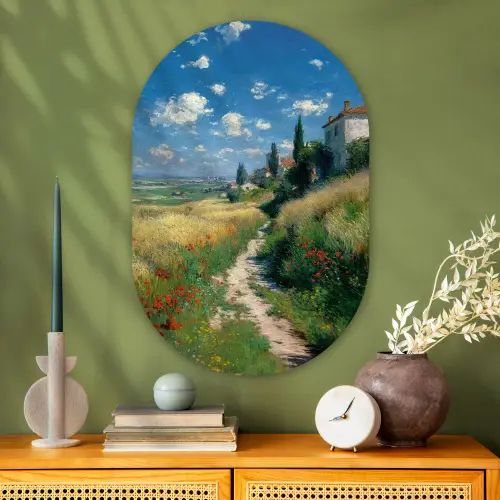 Zandpad - Huis - Bomen - Grasveld Wandcirkel Ovaal Glas middel -sfeer2