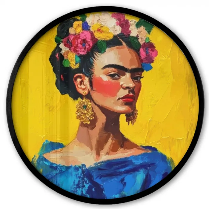 Frida Kahlo - Vrouw - Geel - Blauw - Bloemen Fotolijst rond zonder passe partout klein -3d