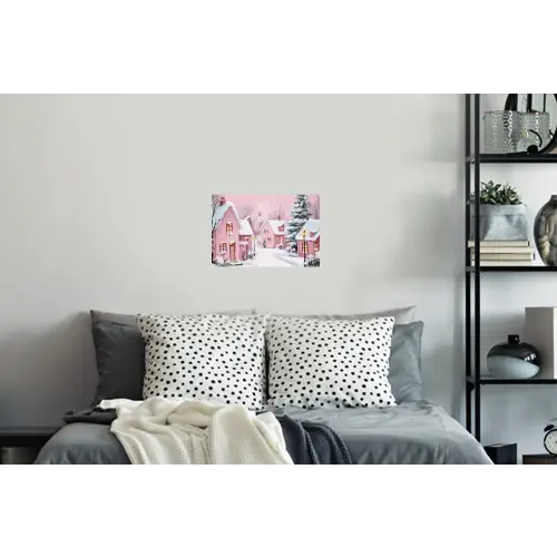 Kerstdorp - Roze - Winter - Sneeuw - Huizen Muursticker klein -slaapkamer