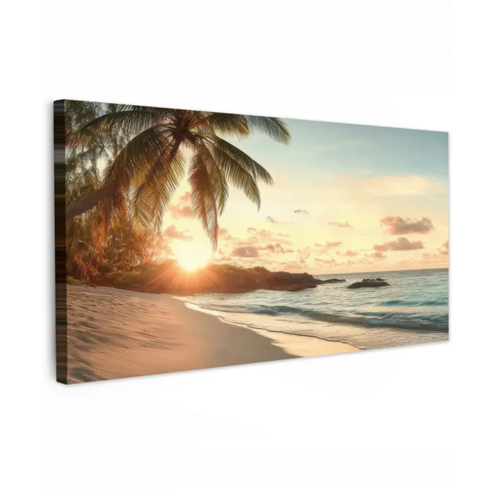 Strand - Palmbomen - Oceaan - Zonsondergang Tuinposter op houten frame 2 cm dik xxl -3d