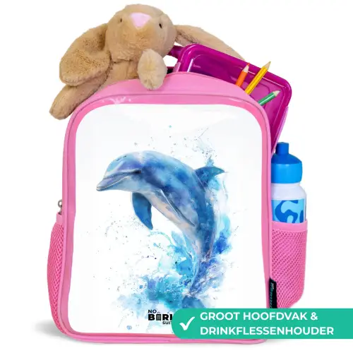 Springende blauwe dolfijn Kinderrugzak - Roze middel -inhoud_NL