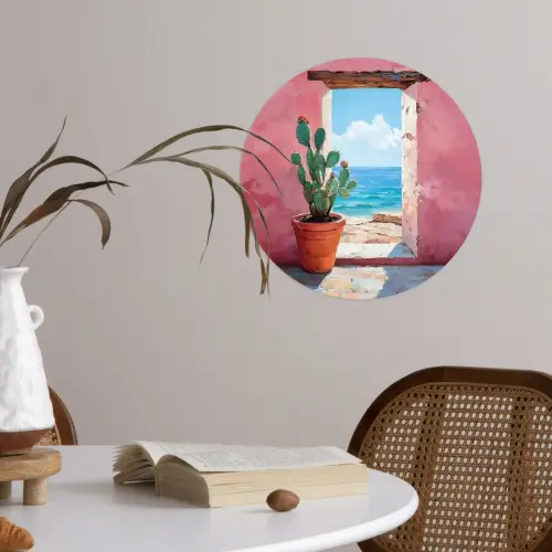 Zee - Roze - Cactus Wandcirkel behangsticker klein -sfeer3