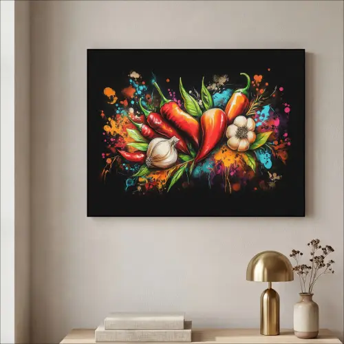Groente - Peper - Knoflook - Graffiti - Verf - Kleurrijk Textielframe zwart klein -sfeer2