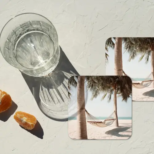 Hangmat - Palmbomen - Strand - Zee onderzetter kurk middel -sfeer4