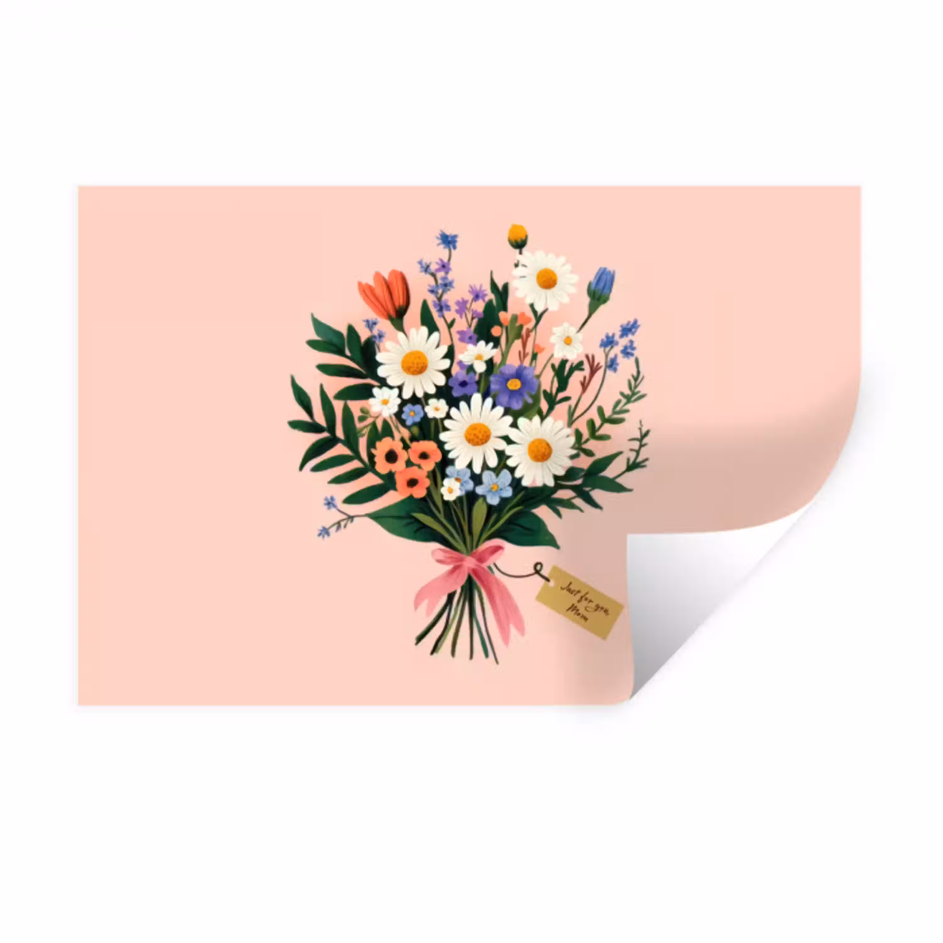 Margrieten - Boeket - Strikje - Roze Muursticker klein -3d