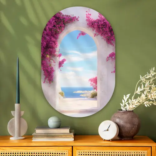 Zee - Roze - Bloemen - Poort Wandcirkel Ovaal Glas middel -sfeer2