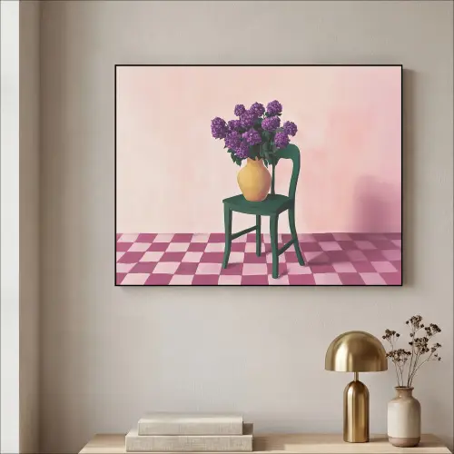 Stoel - Vaas - Bloemen - Geblokt Textielframe zwart klein -sfeer2
