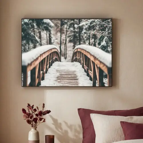 Brug - Winterlandschap - Bos - Natuur - Sneeuw Textielframe - compleet frame klein -sfeer1