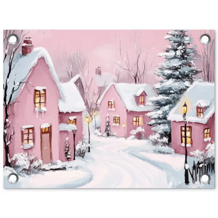 Kerstdorp - Roze - Winter - Sneeuw - Huizen tuinposter los doek klein -3d