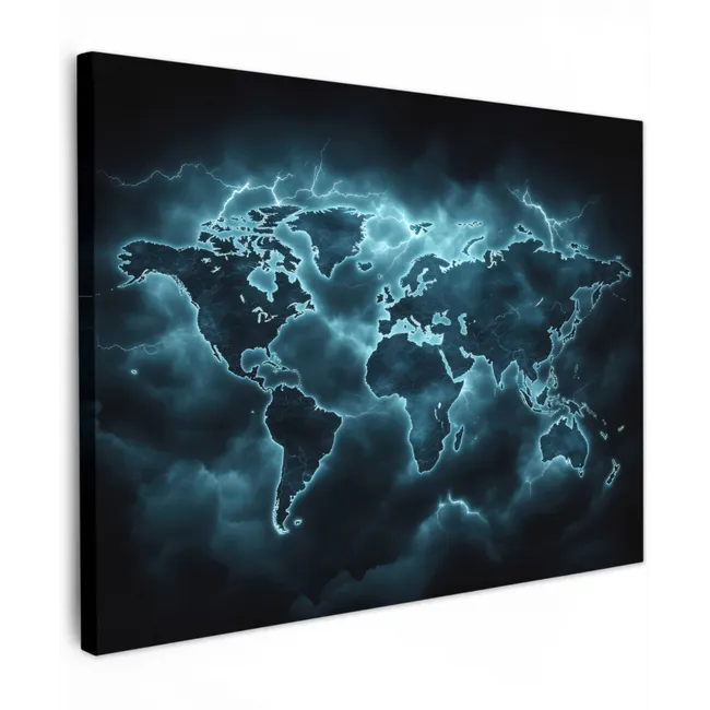 Canvas schilderij - Wereldkaart - Bliksem - Blauw