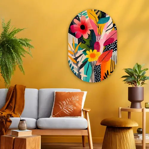 Schilderij - Abstract - Bloemen - Roze Wandcirkel Ovaal Glas middel -sfeer4