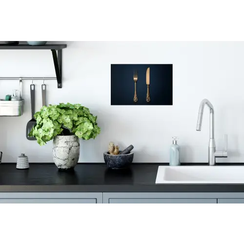 Bestek - Donkerblauw - Goud Muursticker klein -keuken