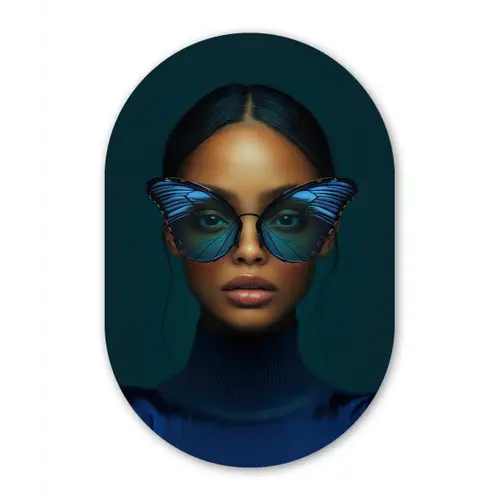 Vrouw - Vlinder - Bril - Blauw - Modern - Portret Wandcirkel Ovaal Glas middel -3d