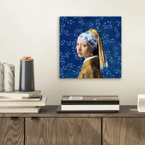 Meisje met de parel - Delfts blauw - Vermeer - Bloemen - Schilderij - Oude meesters aluminium wit klein -sfeer1