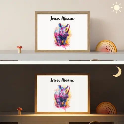 Neushoorn - Kleurrijk - Verf - Dieren Light Box met batterij (Wandlamp kind) middel -sfeer3_kind