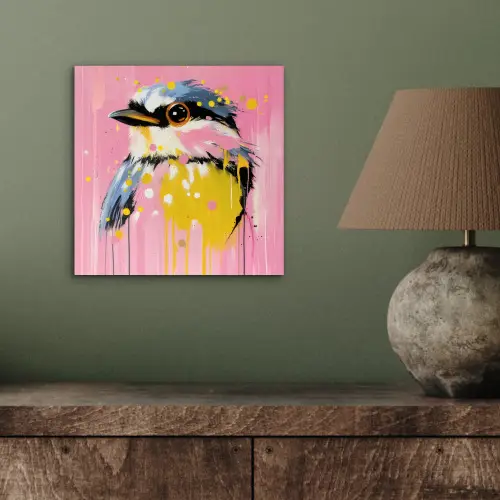 Vogel - Roze - Geel - Blauw aluminium wit klein -sfeer2