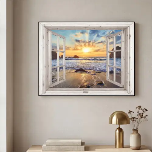 Strand - Doorkijk - Zonsondergang - Landschap - Zee - Natuur Textielframe zwart klein -sfeer2