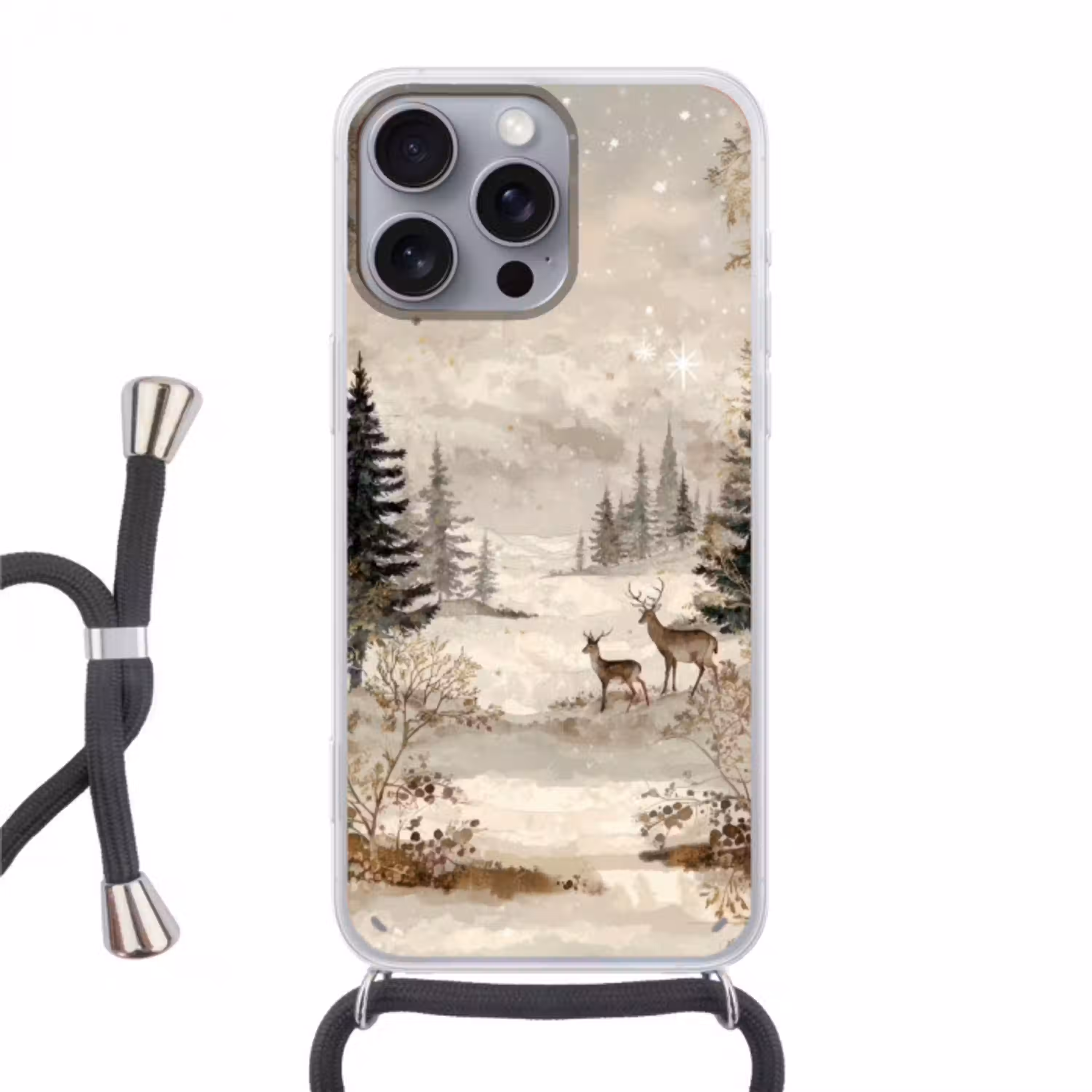 Bos - Herten - Winter - Sneeuw Hoesje iPhone 16 Pro Max met koord klein -3d