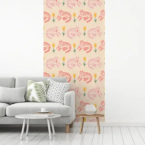 Rood - Roze - Katten - Bloemen fotobehang vinyl groot 64 -woonkamer