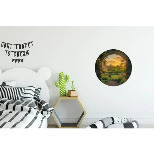Poort - Planten - Zonsondergang Wandcirkel aluminium klein -kinderkamer
