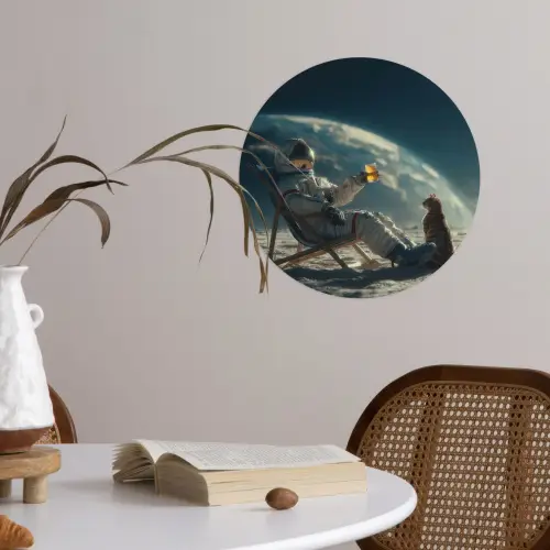 Astronaut - Kat - Glas - Stoel Wandcirkel behangsticker klein -sfeer3