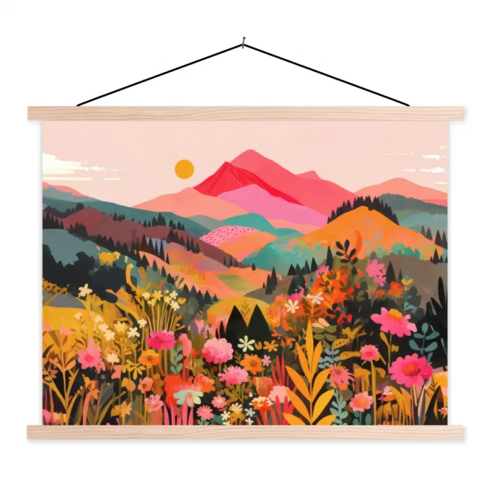 Zonsondergang - Bergvallei - Contrast textielposter latten blank klein -3d