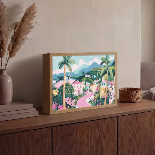 Kleurrijk - Huizen - Heuvels - Roze Light Box met batterij (Wandlamp) middel -sfeer2