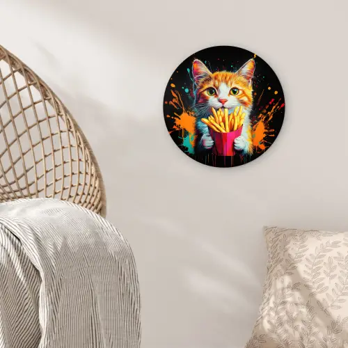 Kat - Eten - Patat - Graffiti - Abstract Wandcirkel kunststof plaat 5mm dik klein -sfeer5