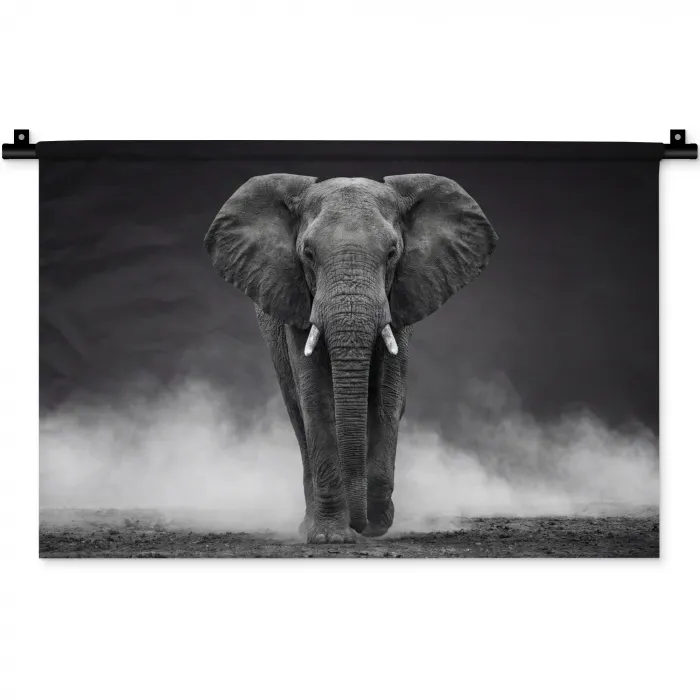 Olifant - Zwart - Wit - Rook Wandkleed katoen klein -zz3d