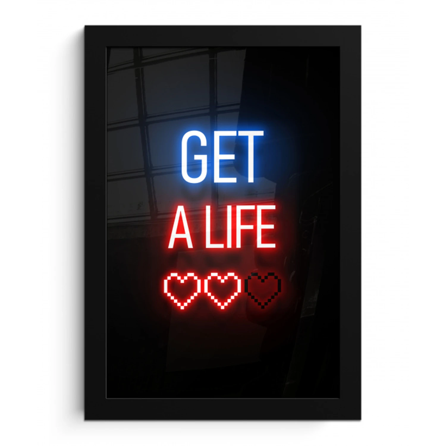Gaming - Tekst - Get a life - Neon - Zwart fotolijst zwart zonder passe partout klein -3d
