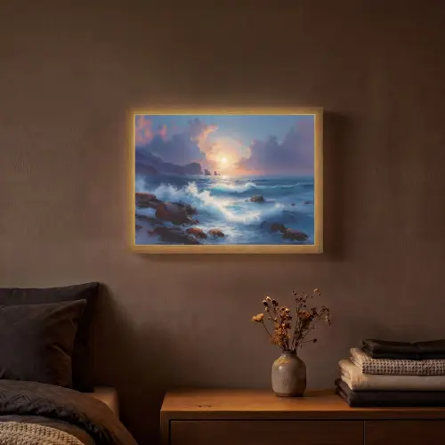 Golven - Zee - Kleurrijk - Rotsen Light Box met batterij (Wandlamp) middel -sfeer4