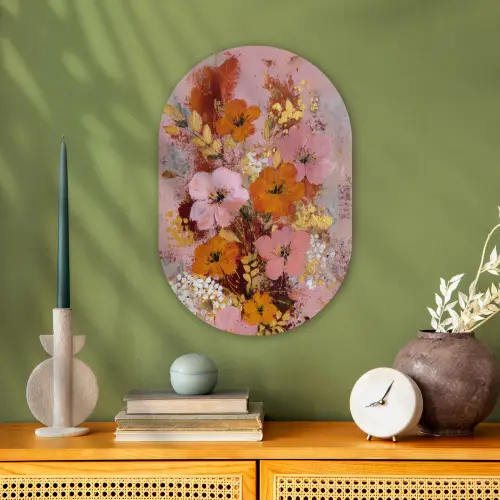 Schilderij - Bloemen - Rustiek - Roze Wandcirkel Ovaal Forex klein -sfeer2